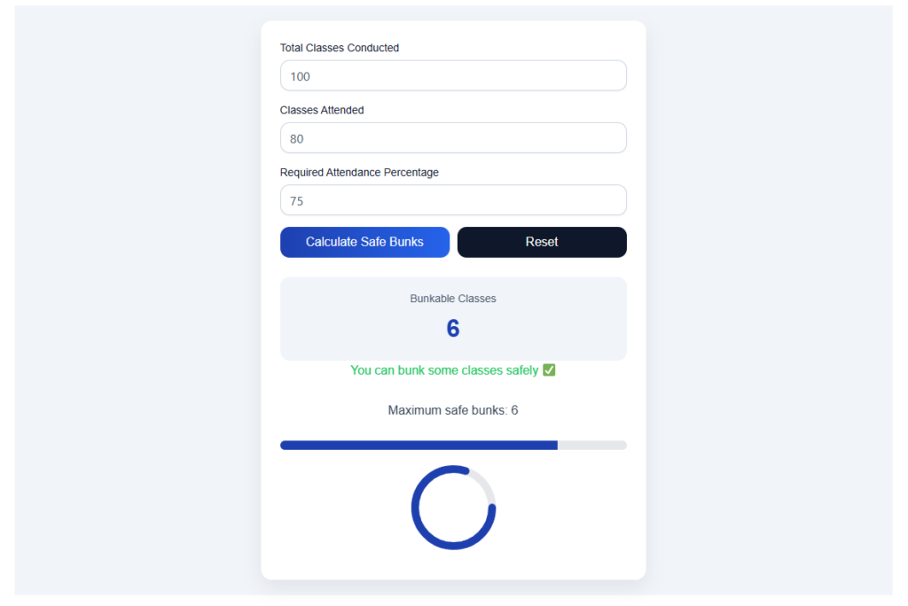 Bunk calculator tool interface for students to calculate safe bunk classes