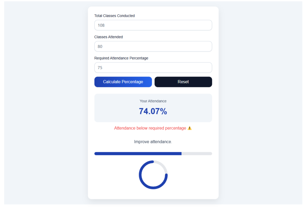 Attendance Percentage Calculator tool interface for students