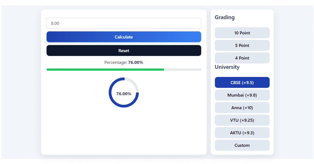 CGPA to percentage calculator tool for Indian college students