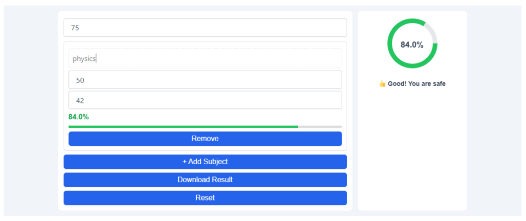 Subject Wise Attendance Calculator showing attendance percentage for multiple subjects with overall attendance tracking and progress indicator