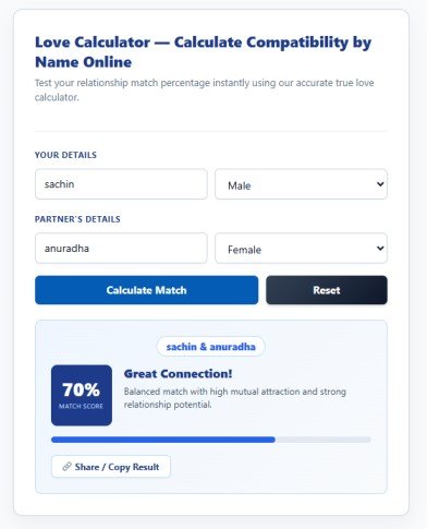 Love Compatibility Calculator showing a compatibility score